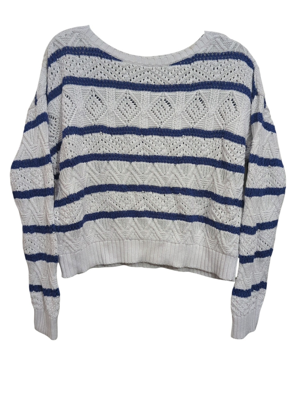 Lauren Ralph Lauren Striped Pointelle Knit Sweater White Blue Lapis Med Nautical